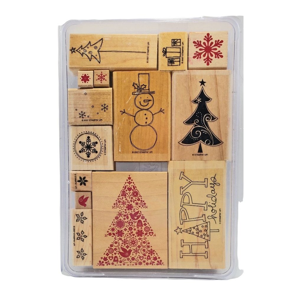Stampin Up! Christmas 14 pc Wood Mounted Stamp Set Holiday Plastic Case
